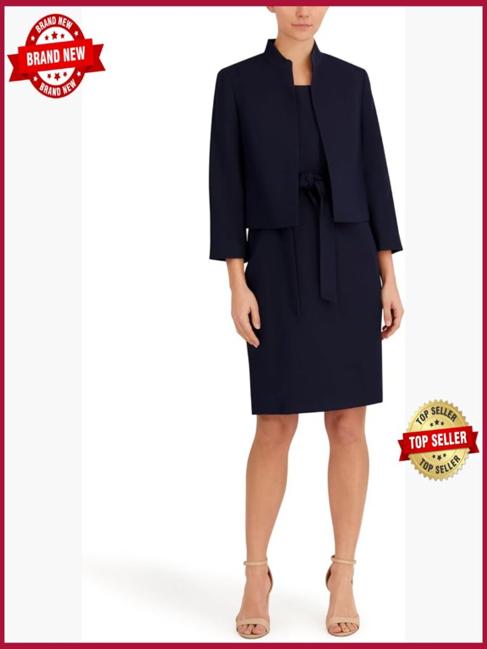 Stand Collar Blazer & Belted Sheath Dress 2 Pc Set Workwear